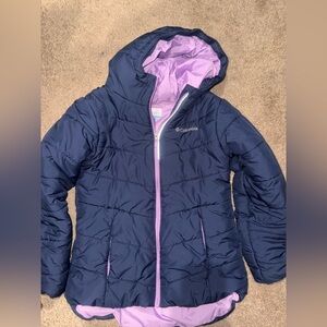 Columbia Navy and Lavender Hooded Jacket. Girls medium. 10-12